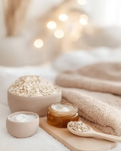 honey masks oatmeal scrubs arranged golden spa bed warm lighting natural wood decor creating cozy autumn retreat 358746767
